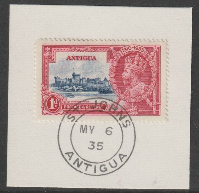 Antigua 1935 KG5 Silver Jubilee 1d on piece with full strike of Madame Joseph forged postmark type 16, stamps on , stamps on  stamps on , stamps on  stamps on  kg5 , stamps on  stamps on forgery, stamps on  stamps on madame joseph, stamps on  stamps on silver jubilee