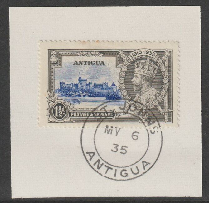 Antigua 1935 KG5 Silver Jubilee 1.5d on piece with full strike of Madame Joseph forged postmark type 16, stamps on , stamps on  kg5 , stamps on forgery, stamps on madame joseph, stamps on silver jubilee