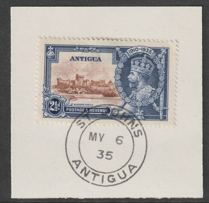 Antigua 1935 KG5 Silver Jubilee 2.5d on piece with full strike of Madame Joseph forged postmark type 16, stamps on , stamps on  kg5 , stamps on forgery, stamps on madame joseph, stamps on silver jubilee