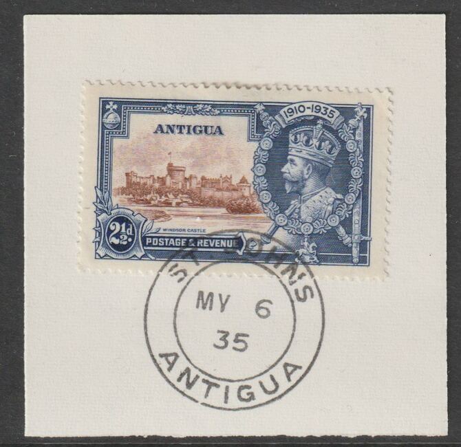 Antigua 1935 KG5 Silver Jubilee 2.5d on piece with full strike of Madame Joseph forged postmark type 16, stamps on , stamps on  stamps on , stamps on  stamps on  kg5 , stamps on  stamps on forgery, stamps on  stamps on madame joseph, stamps on  stamps on silver jubilee