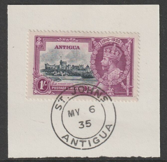 Antigua 1935 KG5 Silver Jubilee 1s on piece with full strike of Madame Joseph forged postmark type 16, stamps on , stamps on  kg5 , stamps on forgery, stamps on madame joseph, stamps on silver jubilee