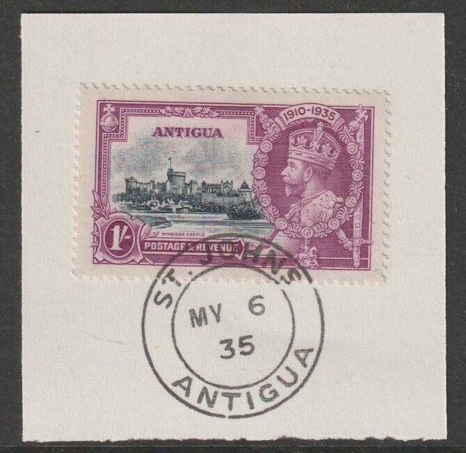 Antigua 1935 KG5 Silver Jubilee 1s on piece with full strike of Madame Joseph forged postmark type 16, stamps on , stamps on  stamps on , stamps on  stamps on  kg5 , stamps on  stamps on forgery, stamps on  stamps on madame joseph, stamps on  stamps on silver jubilee