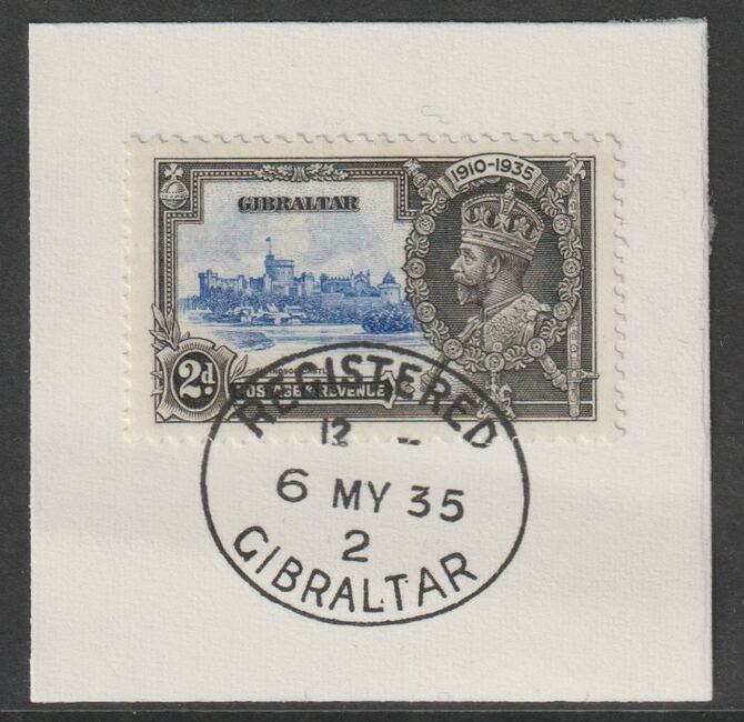 Gibraltar 1935 KG5 Silver Jubilee 2d on piece with full strike of Madame Joseph forged postmark type 185, stamps on , stamps on  stamps on , stamps on  stamps on  kg5 , stamps on  stamps on forgery, stamps on  stamps on madame joseph, stamps on  stamps on silver jubilee