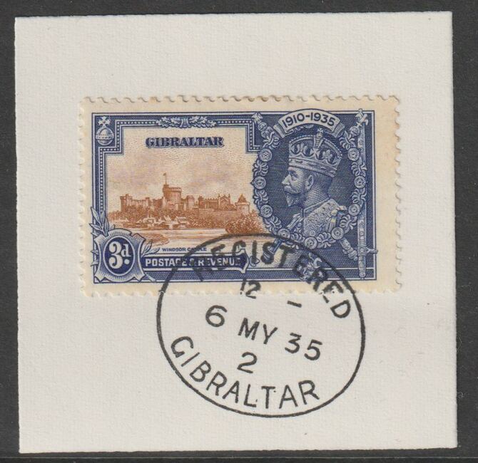 Gibraltar 1935 KG5 Silver Jubilee 3d on piece with full strike of Madame Joseph forged postmark type 185, stamps on , stamps on  stamps on , stamps on  stamps on  kg5 , stamps on  stamps on forgery, stamps on  stamps on madame joseph, stamps on  stamps on silver jubilee