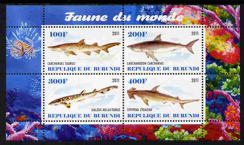 Burundi 2011 Fauna of the World - Sharks #2 perf sheetlet containing 4 values unmounted mint, stamps on , stamps on  stamps on animals, stamps on  stamps on fish, stamps on  stamps on sharks