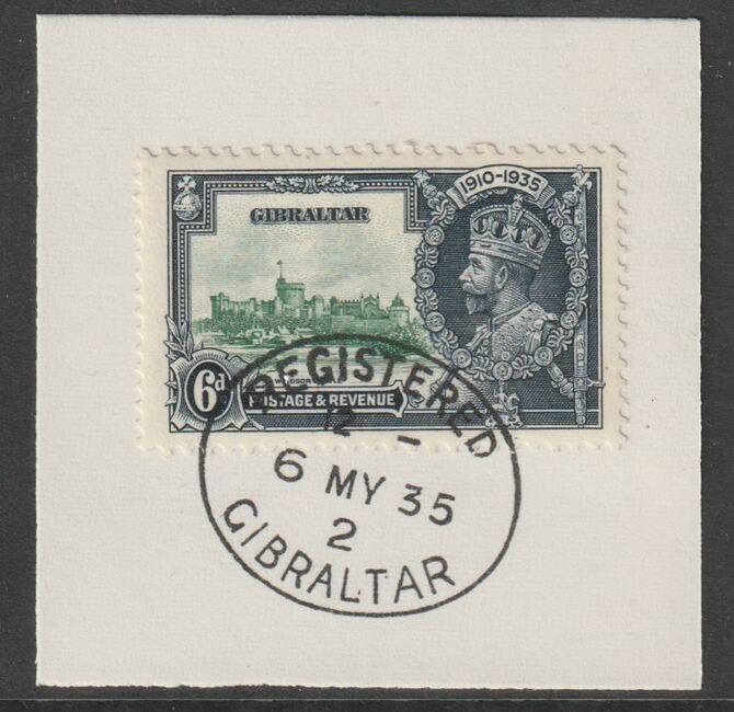 Gibraltar 1935 KG5 Silver Jubilee 6d on piece with full strike of Madame Joseph forged postmark type 185, stamps on , stamps on  stamps on , stamps on  stamps on  kg5 , stamps on  stamps on forgery, stamps on  stamps on madame joseph, stamps on  stamps on silver jubilee