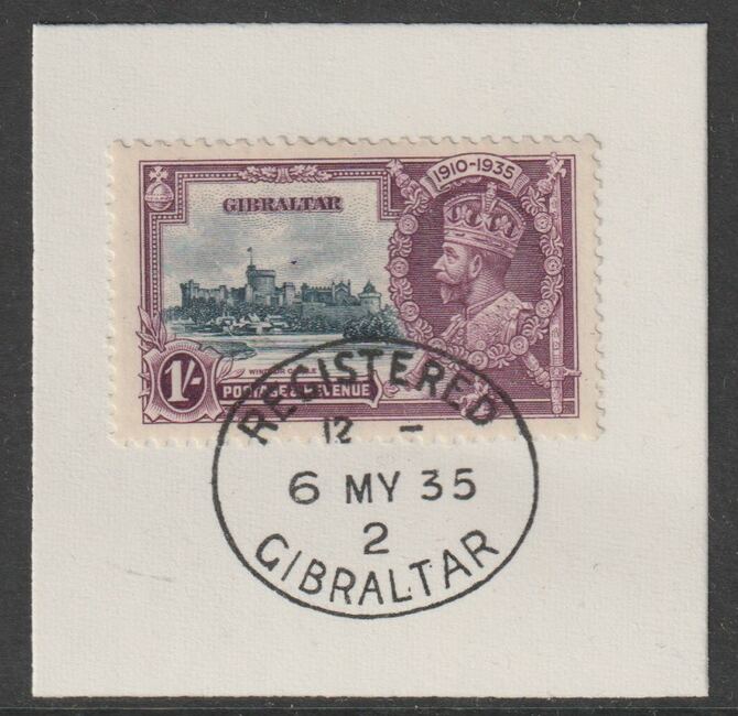 Gibraltar 1935 KG5 Silver Jubilee 1s on piece with full strike of Madame Joseph forged postmark type 185, stamps on , stamps on  stamps on , stamps on  stamps on  kg5 , stamps on  stamps on forgery, stamps on  stamps on madame joseph, stamps on  stamps on silver jubilee