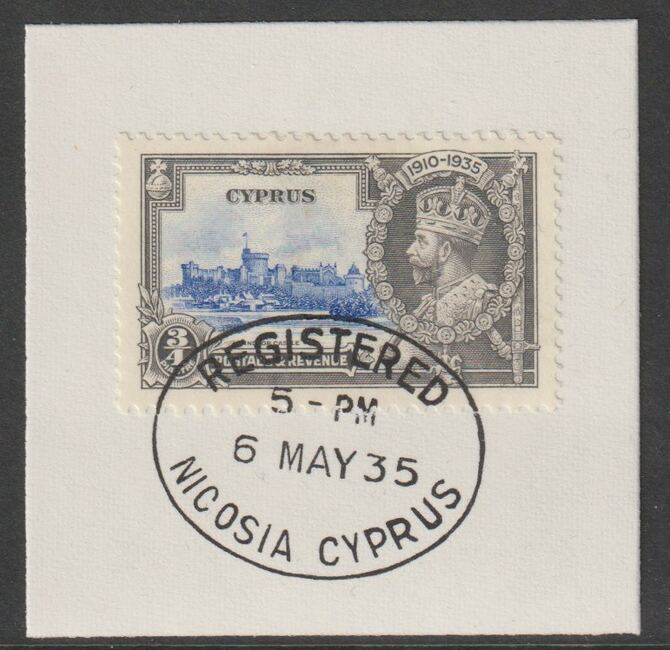 Cyprus 1935 KG5 Silver Jubilee 3/4pi on piece with full strike of Madame Joseph forged postmark type 132, stamps on , stamps on  stamps on , stamps on  stamps on  kg5 , stamps on  stamps on forgery, stamps on  stamps on madame joseph, stamps on  stamps on silver jubilee