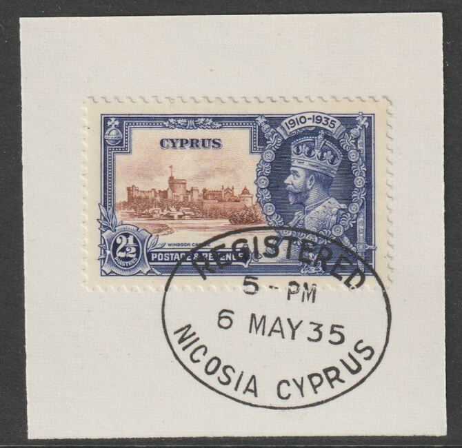 Cyprus 1935 KG5 Silver Jubilee 2.5pi on piece with full strike of Madame Joseph forged postmark type 132, stamps on , stamps on  kg5 , stamps on forgery, stamps on madame joseph, stamps on silver jubilee
