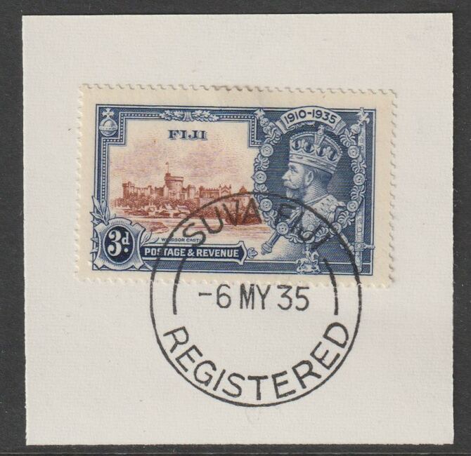 Fiji 1935 KG5 Silver Jubilee 3d on piece with full strike of Madame Joseph forged postmark type 161, stamps on , stamps on  kg5 , stamps on forgery, stamps on madame joseph, stamps on silver jubilee