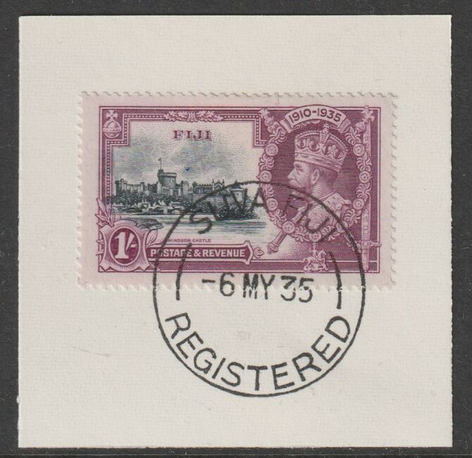 Fiji 1935 KG5 Silver Jubilee 1s on piece with full strike of Madame Joseph forged postmark type 161, stamps on , stamps on  kg5 , stamps on forgery, stamps on madame joseph, stamps on silver jubilee