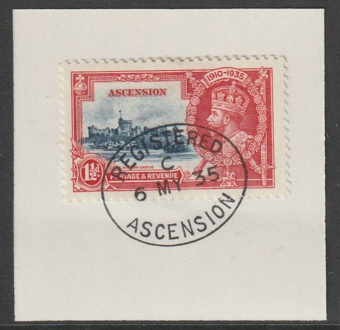 Ascension 1935 KG5 Silver Jubilee 1.5d on piece with full strike of Madame Joseph forged postmark type 22, stamps on , stamps on  kg5 , stamps on forgery, stamps on madame joseph, stamps on silver jubilee