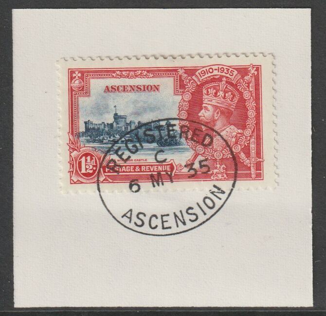 Ascension 1935 KG5 Silver Jubilee 1.5d on piece with full strike of Madame Joseph forged postmark type 22, stamps on , stamps on  stamps on , stamps on  stamps on  kg5 , stamps on  stamps on forgery, stamps on  stamps on madame joseph, stamps on  stamps on silver jubilee