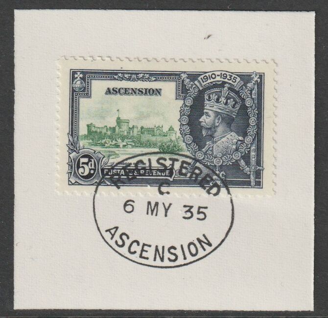 Ascension 1935 KG5 Silver Jubilee 5d on piece with full strike of Madame Joseph forged postmark type 22, stamps on , stamps on  kg5 , stamps on forgery, stamps on madame joseph, stamps on silver jubilee