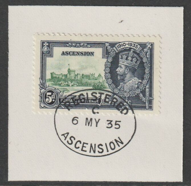 Ascension 1935 KG5 Silver Jubilee 5d on piece with full strike of Madame Joseph forged postmark type 22, stamps on , stamps on  stamps on , stamps on  stamps on  kg5 , stamps on  stamps on forgery, stamps on  stamps on madame joseph, stamps on  stamps on silver jubilee