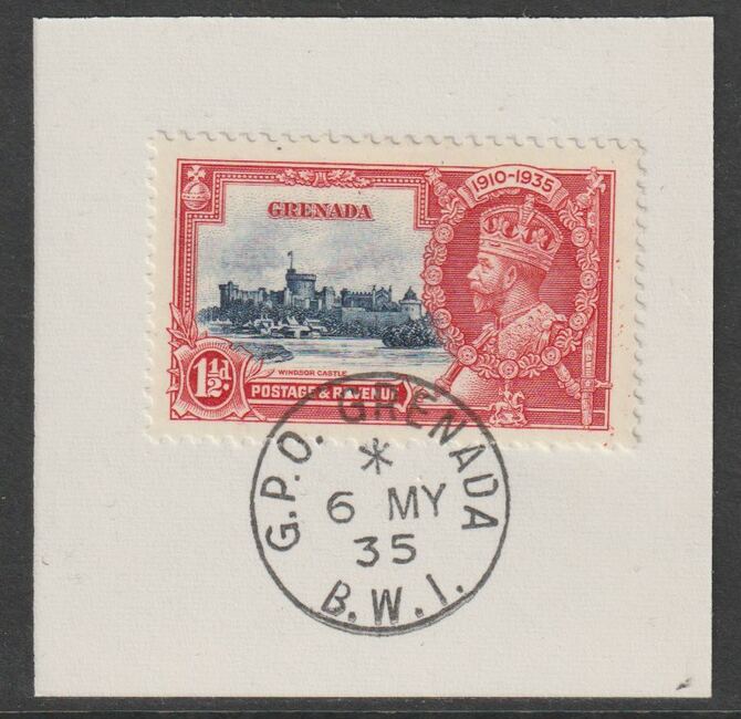 Grenada 1935 KG5 Silver Jubilee 1.5d on piece with full strike of Madame Joseph forged postmark type 203, stamps on , stamps on  stamps on , stamps on  stamps on  kg5 , stamps on  stamps on forgery, stamps on  stamps on madame joseph, stamps on  stamps on silver jubilee