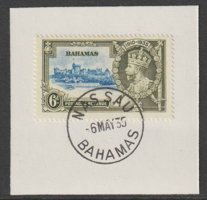 Bahamas 1935 KG5 Silver Jubilee 6d on piece cancelled with full strike of Madame Joseph forged postmark type 35, stamps on , stamps on  stamps on , stamps on  stamps on  kg5 , stamps on  stamps on forgery, stamps on  stamps on madame joseph, stamps on  stamps on silver jubilee