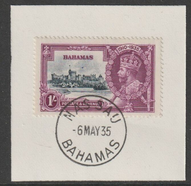 Bahamas 1935 KG5 Silver Jubilee 1s on piece cancelled with full strike of Madame Joseph forged postmark type 35, stamps on , stamps on  kg5 , stamps on forgery, stamps on madame joseph, stamps on silver jubilee