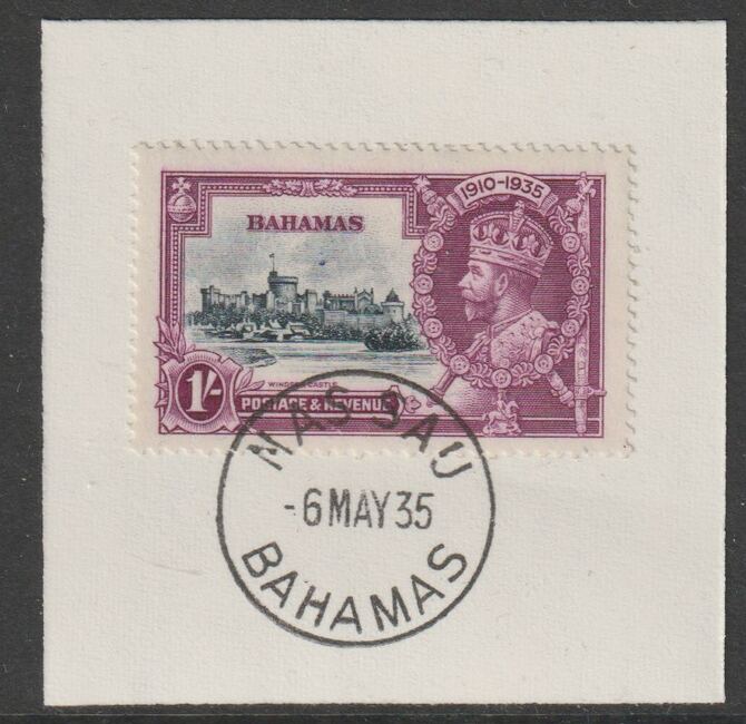 Bahamas 1935 KG5 Silver Jubilee 1s on piece cancelled with full strike of Madame Joseph forged postmark type 35, stamps on , stamps on  stamps on , stamps on  stamps on  kg5 , stamps on  stamps on forgery, stamps on  stamps on madame joseph, stamps on  stamps on silver jubilee