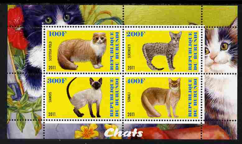 Burundi 2011 Domestic Cats #2 - yellow background perf sheetlet containing 4 values unmounted mint, stamps on , stamps on  stamps on animals, stamps on  stamps on cats