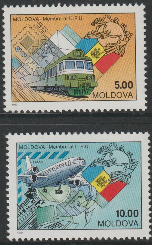 Moldova 1992 Admission to the UPU set of 2 unmounted mint, SG 55-56, stamps on , stamps on  upu , stamps on aviation, stamps on railways, stamps on flags