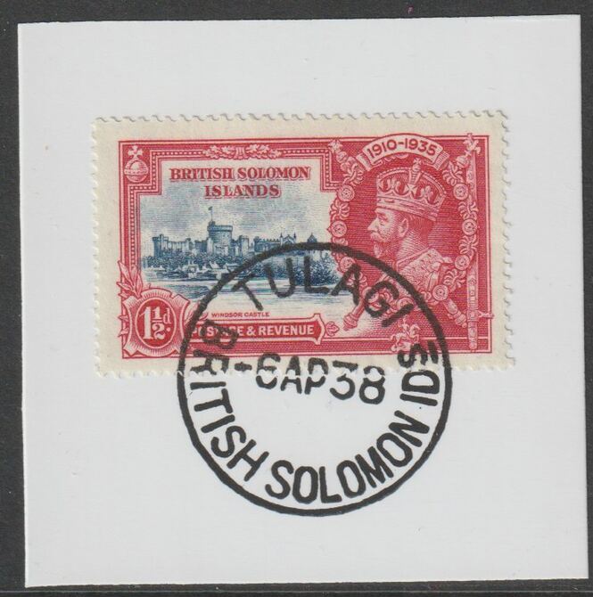Solomon Islands 1935 KG5 Silver Jubilee 1.5d on piece with full strike of Madame Joseph forged postmark type 96, stamps on , stamps on  stamps on , stamps on  stamps on  kg5 , stamps on  stamps on silver jubilee, stamps on  stamps on castles, stamps on  stamps on forgery, stamps on  stamps on forgeries