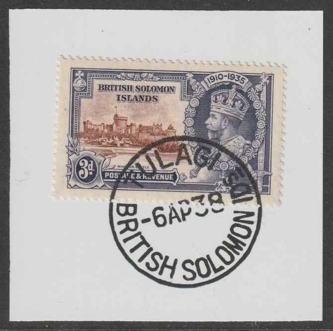 Solomon Islands 1935 KG5 Silver Jubilee 3d on piece with full strike of Madame Joseph forged postmark type 96, stamps on , stamps on  kg5 , stamps on silver jubilee, stamps on castles, stamps on forgery, stamps on forgeries