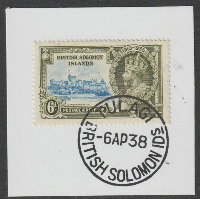 Solomon Islands 1935 KG5 Silver Jubilee 6d on piece with full strike of Madame Joseph forged postmark type 96, stamps on , stamps on  kg5 , stamps on silver jubilee, stamps on castles, stamps on forgery, stamps on forgeries