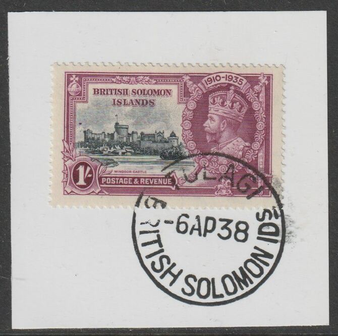 Solomon Islands 1935 KG5 Silver Jubilee 1s on piece with full strike of Madame Joseph forged postmark type 96, stamps on , stamps on  kg5 , stamps on silver jubilee, stamps on castles, stamps on forgery, stamps on forgeries
