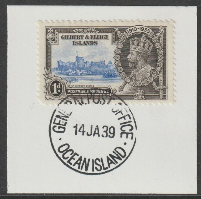 Gilbert & Ellice Islands 1935 KG5 Silver Jubilee 1d on piece with full strike of Madame Joseph forged postmark type 191, stamps on , stamps on  kg5 , stamps on silver jubilee, stamps on castles, stamps on forgery, stamps on forgeries