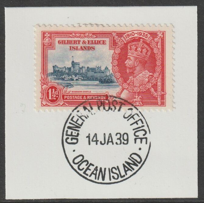 Gilbert & Ellice Islands 1935 KG5 Silver Jubilee 1.5d on piece with full strike of Madame Joseph forged postmark type 191, stamps on , stamps on  kg5 , stamps on silver jubilee, stamps on castles, stamps on forgery, stamps on forgeries