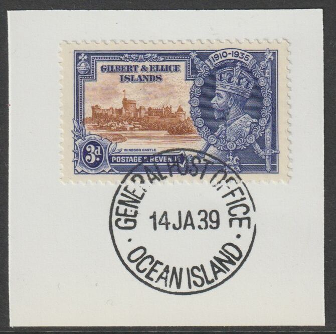 Gilbert & Ellice Islands 1935 KG5 Silver Jubilee 3d on piece with full strike of Madame Joseph forged postmark type 191, stamps on , stamps on  stamps on , stamps on  stamps on  kg5 , stamps on  stamps on silver jubilee, stamps on  stamps on castles, stamps on  stamps on forgery, stamps on  stamps on forgeries