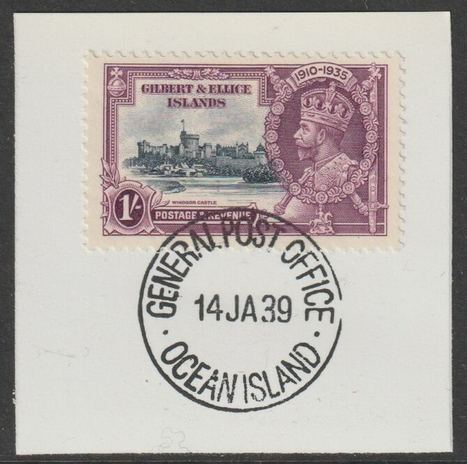 Gilbert & Ellice Islands 1935 KG5 Silver Jubilee 1s on piece with full strike of Madame Joseph forged postmark type 191, stamps on , stamps on  kg5 , stamps on silver jubilee, stamps on castles, stamps on forgery, stamps on forgeries