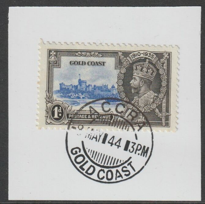Gold Coast 1935 KG5 Silver Jubilee 1d on piece with full strike of Madame Joseph forged postmark type 198, stamps on , stamps on  stamps on , stamps on  stamps on  kg5 , stamps on  stamps on silver jubilee, stamps on  stamps on castles, stamps on  stamps on forgery, stamps on  stamps on forgeries