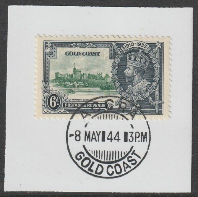 Gold Coast 1935 KG5 Silver Jubilee 6d on piece with full strike of Madame Joseph forged postmark type 198, stamps on , stamps on  kg5 , stamps on silver jubilee, stamps on castles, stamps on forgery, stamps on forgeries