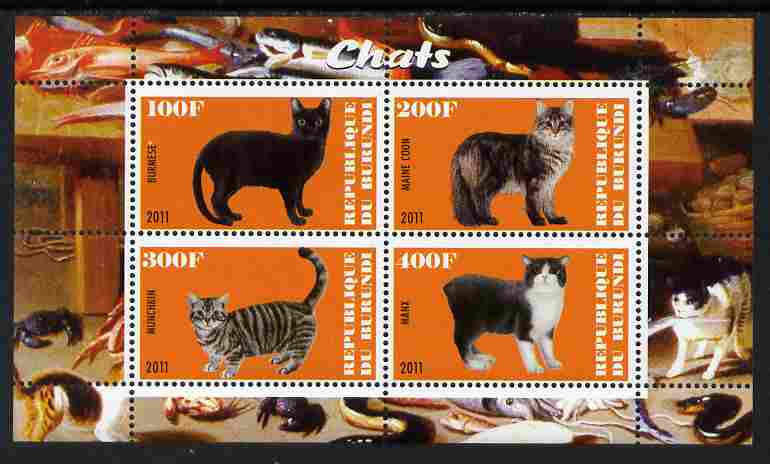 Burundi 2011 Domestic Cats #4 - orange background perf sheetlet containing 4 values unmounted mint, stamps on animals, stamps on cats