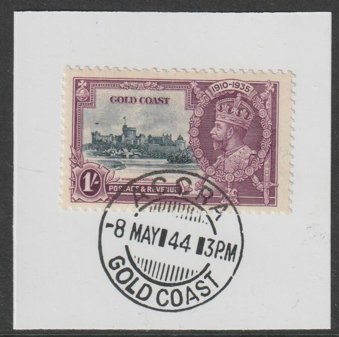 Gold Coast 1935 KG5 Silver Jubilee 1s on piece with full strike of Madame Joseph forged postmark type 198, stamps on , stamps on  kg5 , stamps on silver jubilee, stamps on castles, stamps on forgery, stamps on forgeries