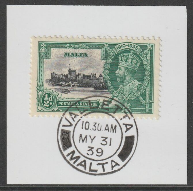 Malta 1935 KG5 Silver Jubilee 1/2d on piece with full strike of Madame Joseph forged postmark type 248, stamps on , stamps on  stamps on , stamps on  stamps on  kg5 , stamps on  stamps on silver jubilee, stamps on  stamps on castles, stamps on  stamps on forgery, stamps on  stamps on forgeries