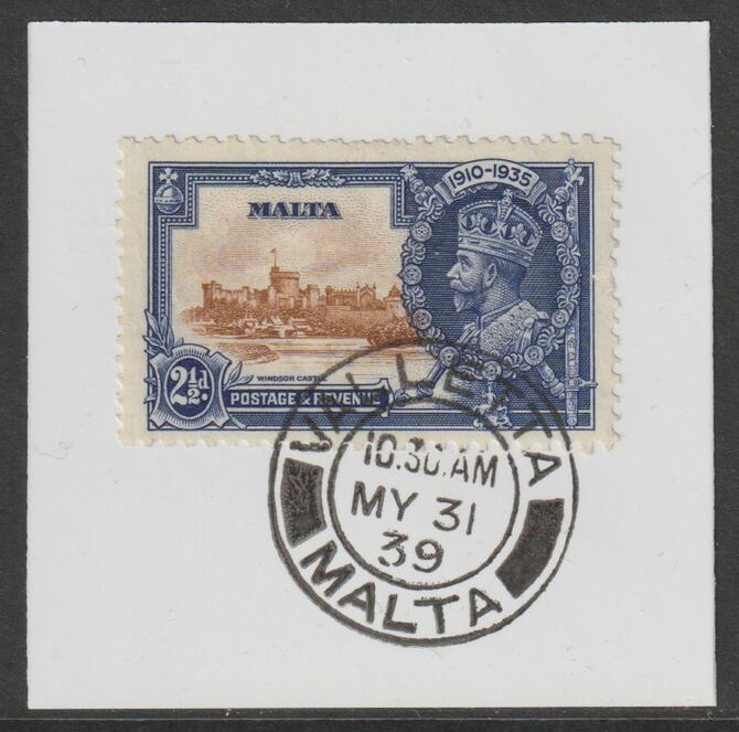 Malta 1935 KG5 Silver Jubilee 2.5d on piece with full strike of Madame Joseph forged postmark type 248, stamps on , stamps on  stamps on , stamps on  stamps on  kg5 , stamps on  stamps on silver jubilee, stamps on  stamps on castles, stamps on  stamps on forgery, stamps on  stamps on forgeries