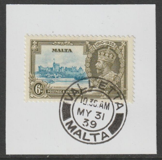 Malta 1935 KG5 Silver Jubilee 6d on piece with full strike of Madame Joseph forged postmark type 248, stamps on , stamps on  stamps on , stamps on  stamps on  kg5 , stamps on  stamps on silver jubilee, stamps on  stamps on castles, stamps on  stamps on forgery, stamps on  stamps on forgeries