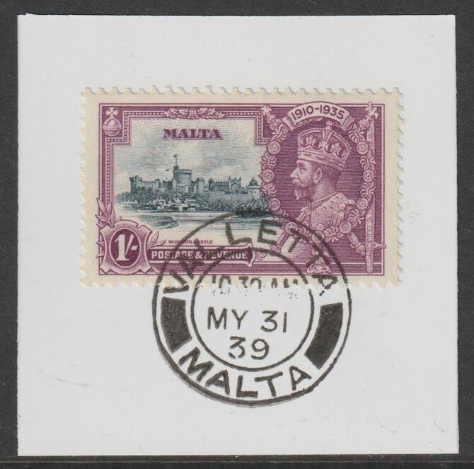 Malta 1935 KG5 Silver Jubilee 1s on piece with full strike of Madame Joseph forged postmark type 248, stamps on , stamps on  stamps on , stamps on  stamps on  kg5 , stamps on  stamps on silver jubilee, stamps on  stamps on castles, stamps on  stamps on forgery, stamps on  stamps on forgeries