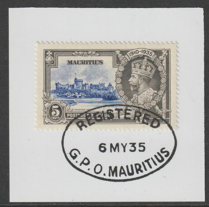 Mauritius 1935 KG5 Silver Jubilee 5c on piece with full strike of Madame Joseph forged postmark type 253, stamps on , stamps on  stamps on , stamps on  stamps on  kg5 , stamps on  stamps on silver jubilee, stamps on  stamps on castles, stamps on  stamps on forgery, stamps on  stamps on forgeries