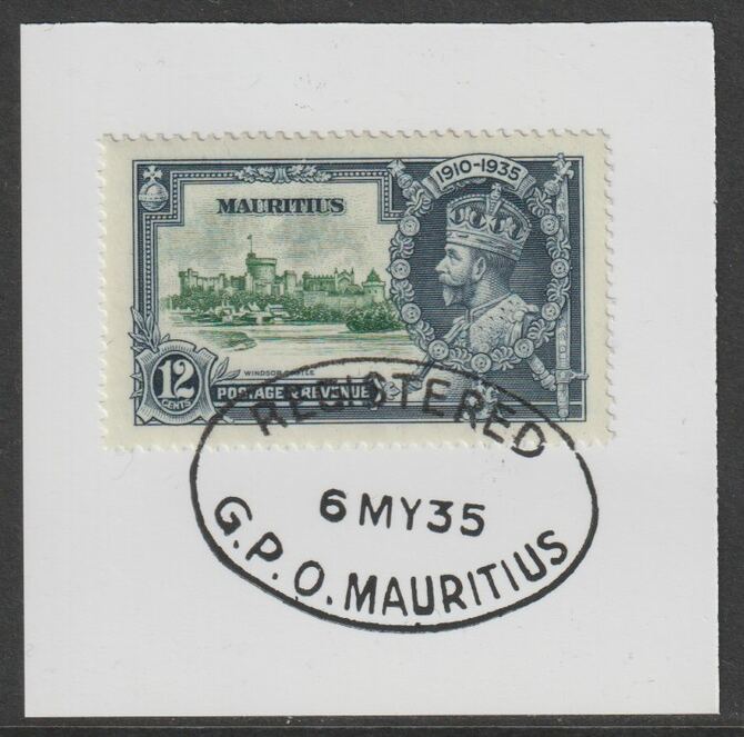 Mauritius 1935 KG5 Silver Jubilee 12c on piece with full strike of Madame Joseph forged postmark type 253, stamps on , stamps on  kg5 , stamps on silver jubilee, stamps on castles, stamps on forgery, stamps on forgeries