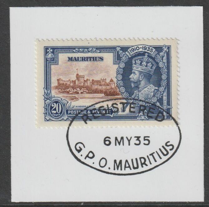Mauritius 1935 KG5 Silver Jubilee 20c on piece with full strike of Madame Joseph forged postmark type 253, stamps on , stamps on  stamps on , stamps on  stamps on  kg5 , stamps on  stamps on silver jubilee, stamps on  stamps on castles, stamps on  stamps on forgery, stamps on  stamps on forgeries