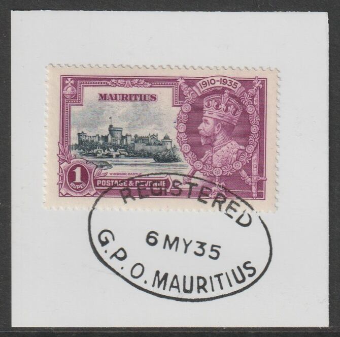 Mauritius 1935 KG5 Silver Jubilee 1r on piece with full strike of Madame Joseph forged postmark type 253, stamps on , stamps on  kg5 , stamps on silver jubilee, stamps on castles, stamps on forgery, stamps on forgeries