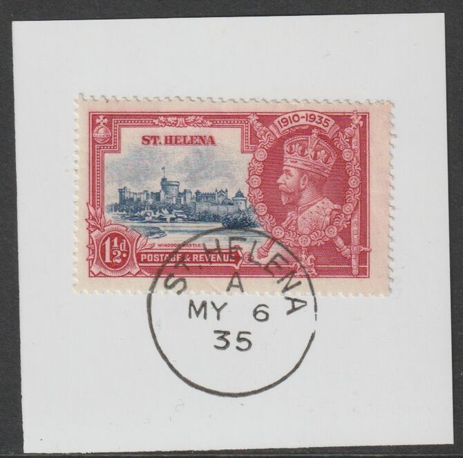 St Helena 1935 KG5 Silver Jubilee 1.5d on piece with full strike of Madame Joseph forged postmark type 342, stamps on , stamps on  kg5 , stamps on silver jubilee, stamps on castles, stamps on forgery, stamps on forgeries