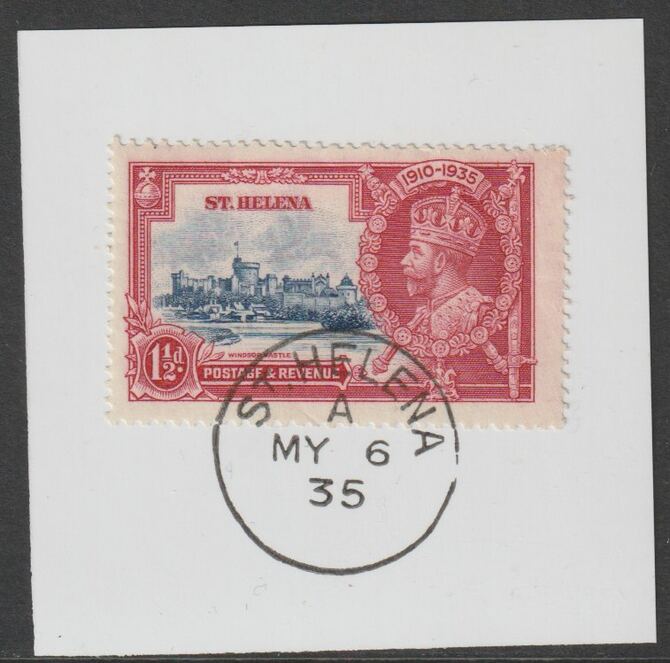 St Helena 1935 KG5 Silver Jubilee 1.5d on piece with full strike of Madame Joseph forged postmark type 342, stamps on , stamps on  stamps on , stamps on  stamps on  kg5 , stamps on  stamps on silver jubilee, stamps on  stamps on castles, stamps on  stamps on forgery, stamps on  stamps on forgeries