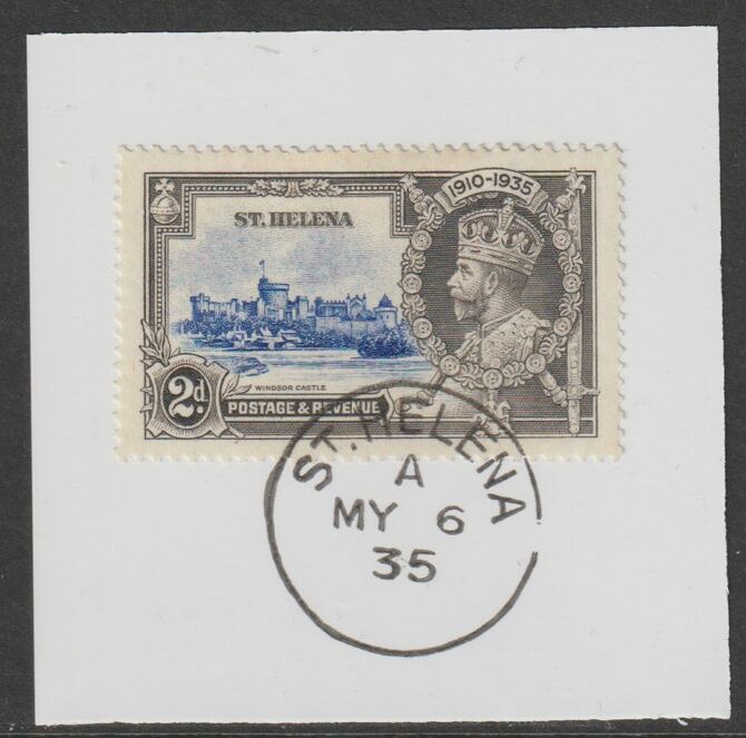 St Helena 1935 KG5 Silver Jubilee 2d on piece with full strike of Madame Joseph forged postmark type 342, stamps on , stamps on  kg5 , stamps on silver jubilee, stamps on castles, stamps on forgery, stamps on forgeries