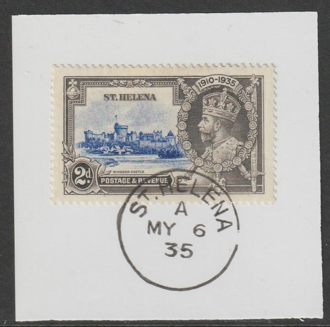 St Helena 1935 KG5 Silver Jubilee 2d on piece with full strike of Madame Joseph forged postmark type 342, stamps on , stamps on  stamps on , stamps on  stamps on  kg5 , stamps on  stamps on silver jubilee, stamps on  stamps on castles, stamps on  stamps on forgery, stamps on  stamps on forgeries