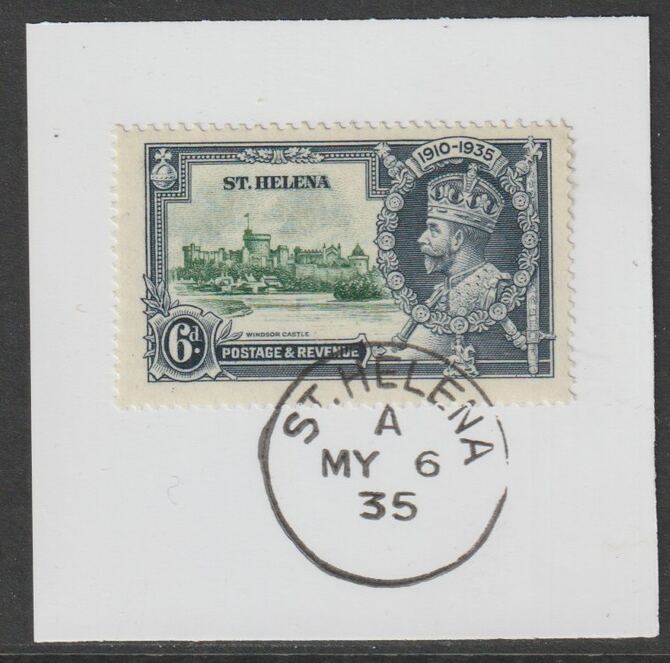 St Helena 1935 KG5 Silver Jubilee 6d on piece with full strike of Madame Joseph forged postmark type 342, stamps on , stamps on  kg5 , stamps on silver jubilee, stamps on castles, stamps on forgery, stamps on forgeries